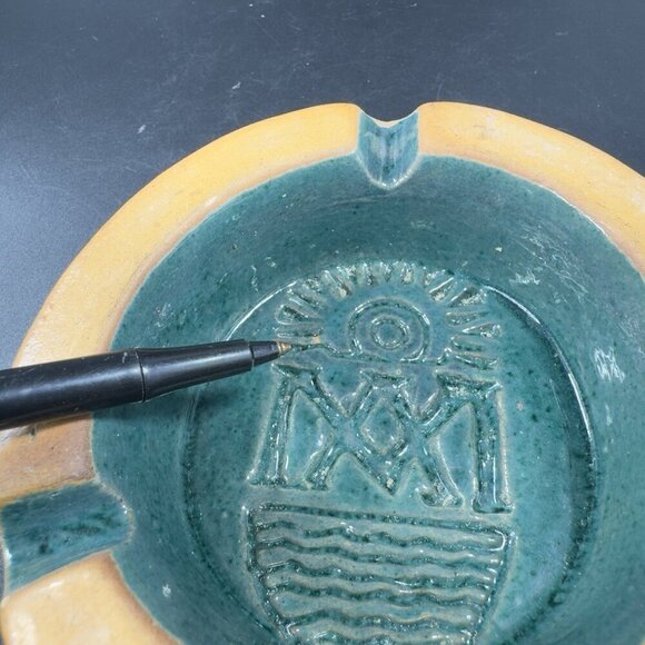 Vintage Mexican Pottery Ashtray Dish Green Teal Aztec Clay Hand Made Decor Dish - Picture 5 of 13